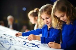 ai generativo. niños muchachas en azul camisas dibujar un estrella de david en blanco papel foto