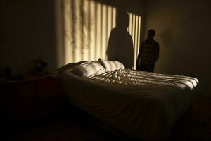 AI Generative. A lonely man in his bedroom wanders around the bed and cannot sleep photo