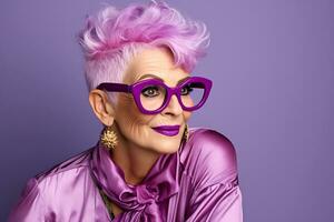 hermosa mayor de moda mujer en elegante borgoña ropa con púrpura pelo y lentes posando en un púrpura antecedentes. ai generativo foto