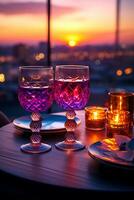 AI Generative. Purple glasses and candles against the backdrop of the city at sunset. A date for two. Meeting at the rooftop restaurant. Restaurant overlooking the city center. Romantic setting. photo