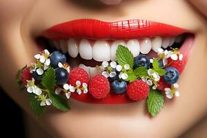 AI Generative. A young woman with red lipstick on her lips holds a handful of strawberries and blueberries in her teeth. Concept of fruity taste or smell of lipstick photo