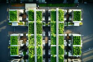 Vertical farm during the daytime. Drone view. AI Generative photo