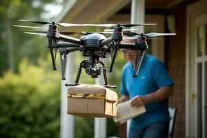 AI generative. A drone delivers an order in a cardboard box to an elderly man's home. photo