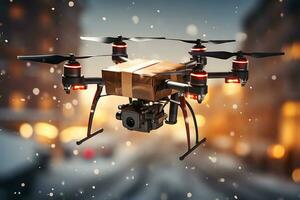 AI generative. A drone delivers a gift in golden packaging flying through the snowy city streets in the evening photo
