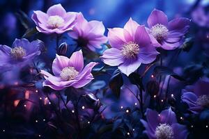 AI Generative. Deep purple flowers with twinkling lights. Horizontal photo