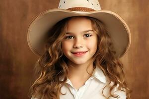 AI Generative. Cowgirl child in a white cowboy hat posing on a brown background, smiling and looking at the camera. Horizontal photo