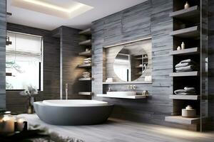 The interior of the bathroom is made in a minimalist style from natural materials. Spa care at home. AI Generative photo