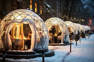 ai generativo. ciudad paisaje en invierno. cafeterías en el forma de brillante nuevo años pelotas estar en un fila a lo largo un cubierto de nieve calle. horizontal ilustración foto