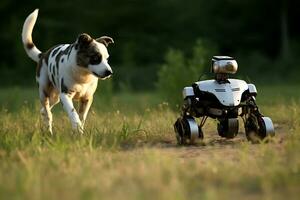 AI Generative. A dog and a small robot on wheels move together across a field during the daytime. Horizontal photo