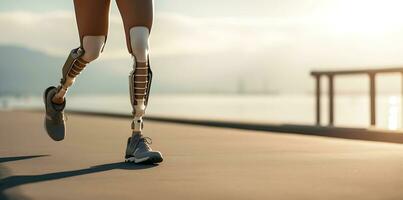 prótesis en el piernas de un joven discapacitado mujer. mujer corriendo a lo largo el la carretera a lo largo el mar en soleado clima. ai generativo foto