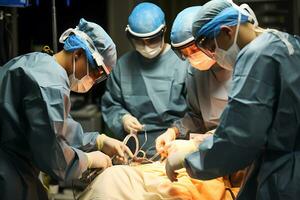 un grupo de cirujanos ejecutando un operación en un militar hospital. ai generativo foto