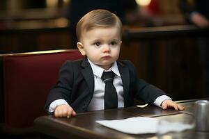 Cute serious toddler boy dressed as a business man sitting at the table. AI Generative photo