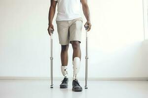 A disabled African American man with prosthetic legs poses against a white wall with walking sticks. AI Generative photo