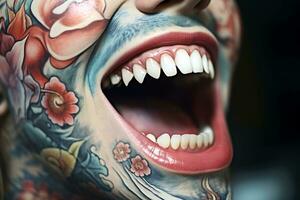 AI Generative. Wide smile with pointed teeth of a young man with tattoos on his face photo