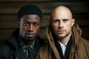 Two adult men of Caucasian and African American appearance in formal wear pose against a dark background. Young men look at the camera seriously. AI Generative photo