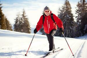 AI Generative. An elderly man in a red jacket is skiing on a snowy slope. The man looks at the camera and smiles. Horizontal photo