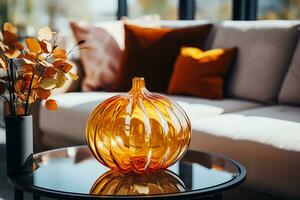 AI Generative. Orange glass pumpkin on the coffee table in the living room. Daylight illuminates the room. Horizontal photo