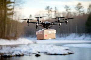 AI generative. A drone delivers an order, medicine or gift by flying over a river covered in places with ice. photo
