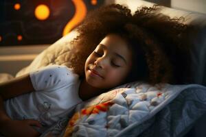 African American girl sleeping in her bed in a dark children's room with the night light turned on. AI Generative photo