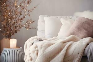 AI Generative. Living room in pink tones with a soft sofa decorated with a fluffy blanket and soft pillows. Horizontal photo