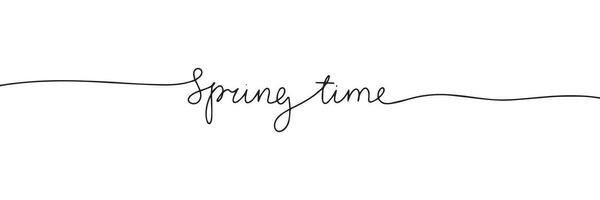 Spring time one line continuous text banner. Handwriting spring text banner. Short phrase about spring. Vector illustration.