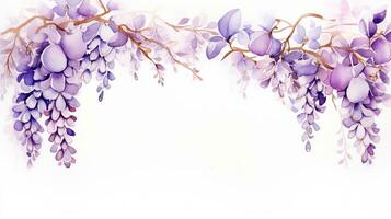 Watercolor wisteria with gold leaves, frame on white background with copy space photo