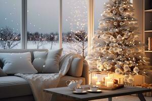 Christmas, white modern living room with a snowy forest outside the window. Modern interior design photo