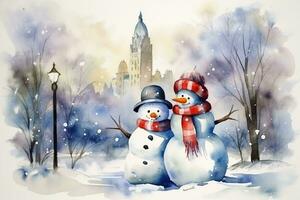 Watercolor postcard with happy couple of snowmen in a snowy park in New York. Cute Character photo