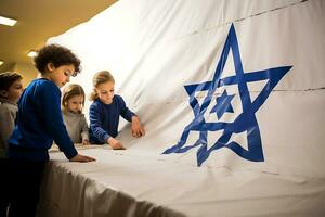 AI generative. A group of children drew a Star of David on a white canvas photo