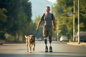 un discapacitado hombre con protésico piernas camina con su perro en un ciudad calle. ai generativo foto