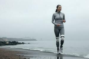 A young disabled woman in a gray tracksuit is jogging along the seashore in cloudy weather. AI Generative photo