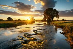 View of the valley in which the river flows between the picturesque meadows. The sun is visible above the horizont. AI Generative photo