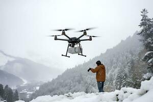 AI generative. Drone delivery of cargo through a winter forest in snowfall photo