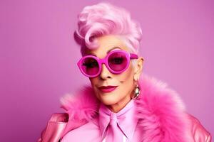 Beautiful elderly fashionable woman in stylish pink clothes, with pink hair and glasses posing on a pink background. woman looking at camera. AI Generative photo