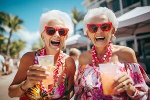 AI Generative. Two elderly women in bright summer clothes with cocktails in their hands look at the camera and laugh. Women relaxing on the beach. Horizontal photo