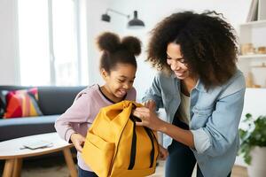 African American mother helping her child pack her child's school backpack in the living room at home.   AI Generative photo