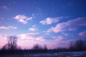 A waning crescent in the purple sky above the hills. Beautiful night starry sky with purple pink clouds. AI Generative photo