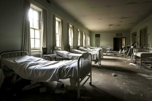 Abandoned hospital ward with beds made and rubbish abandoned by earthquake or war. AI Generative photo