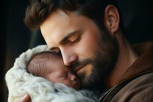 AI Generative. Young father hugs newborn baby and smiles. Horizontal photo
