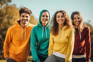 ai generativo. cuatro amigos en de colores sudaderas Mira a el cámara y sonrisa foto