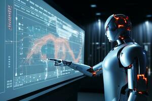 A humanoid robot looks at the monitor, examines and compares data. AI Generative photo