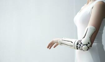 A disabled woman in a white dress with a prosthesis instead of a hand poses on a white background. AI Generative photo
