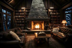 AI Generative. Fireplace room with warm fire surrounded by bookshelves and comfortable armchairs. Horizontal photo