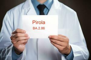 AI Generative. New COVID-19 variant, BA.2.86 . Doctor is holding leaflet with the inscription Pirola variant photo