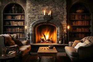 AI Generative. Fireplace room with warm fire surrounded by bookshelves and comfortable armchairs. Horizontal photo