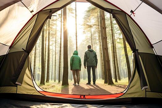 Weekend with a tent in the forest. A man and a woman are walking and enjoying the view of nature. View from the back, inside the tent. AI Generative photo