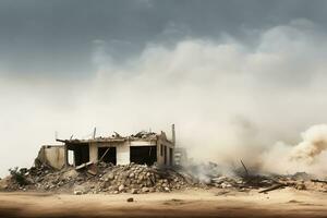 AI generative. A house destroyed by a bomb or a rocket. Destroyed buildings, war, conflict photo