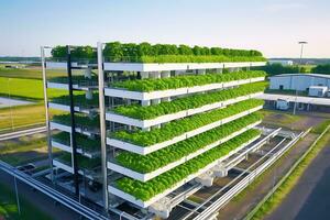 Exterior of a vertical farm during the daytime. AI Generative photo