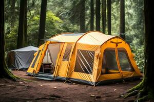 An orange tourist tent stands in the middle of a forest on a cloudy day. AI Generative photo