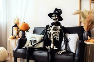 Halloween decoration room interior. A human-sized skeleton sits on a couch wearing a cape and a top hat. AI Generative photo